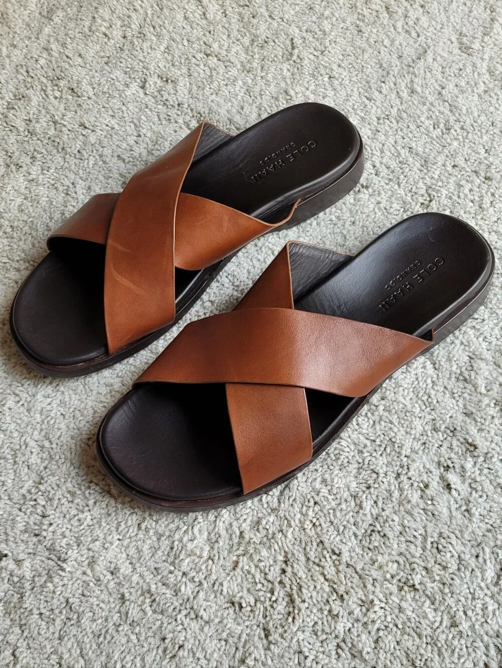 Cole Haan Grand.os Mens Brown Leather Sandals W Black Leather Footbed X Style 12